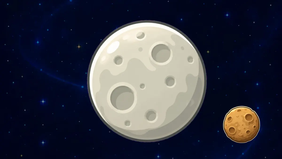 Księżyc z wyraźnymi kraterami oraz mała asteroida